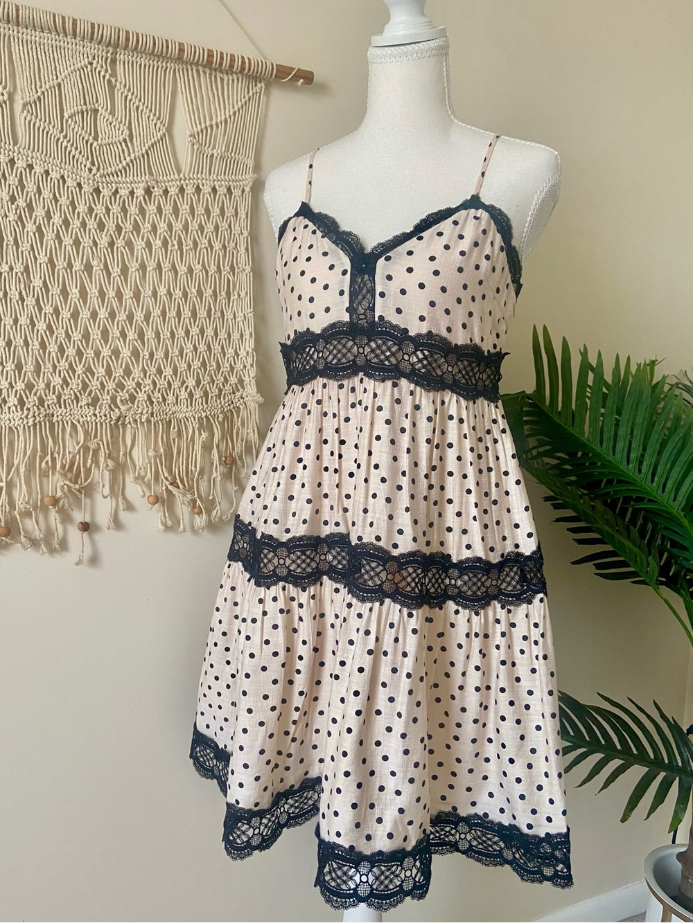 Express Cream & Black Polka Dot Lace Tiered Babydoll Dress